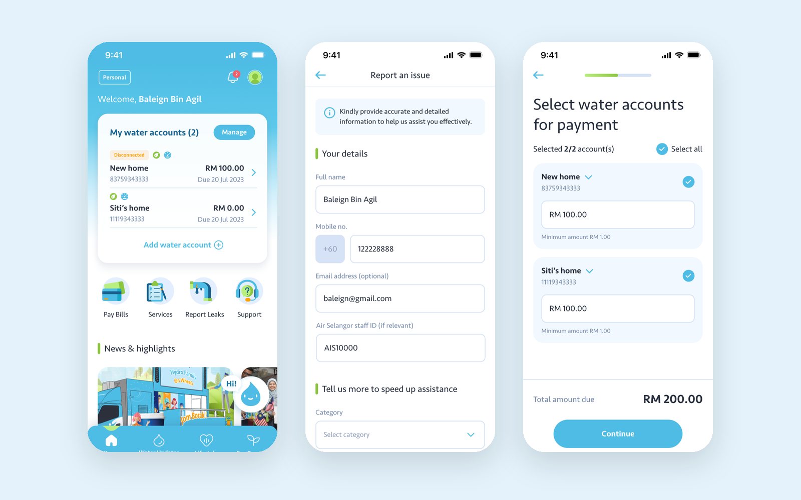 App home, reporting a leak and paying a bill