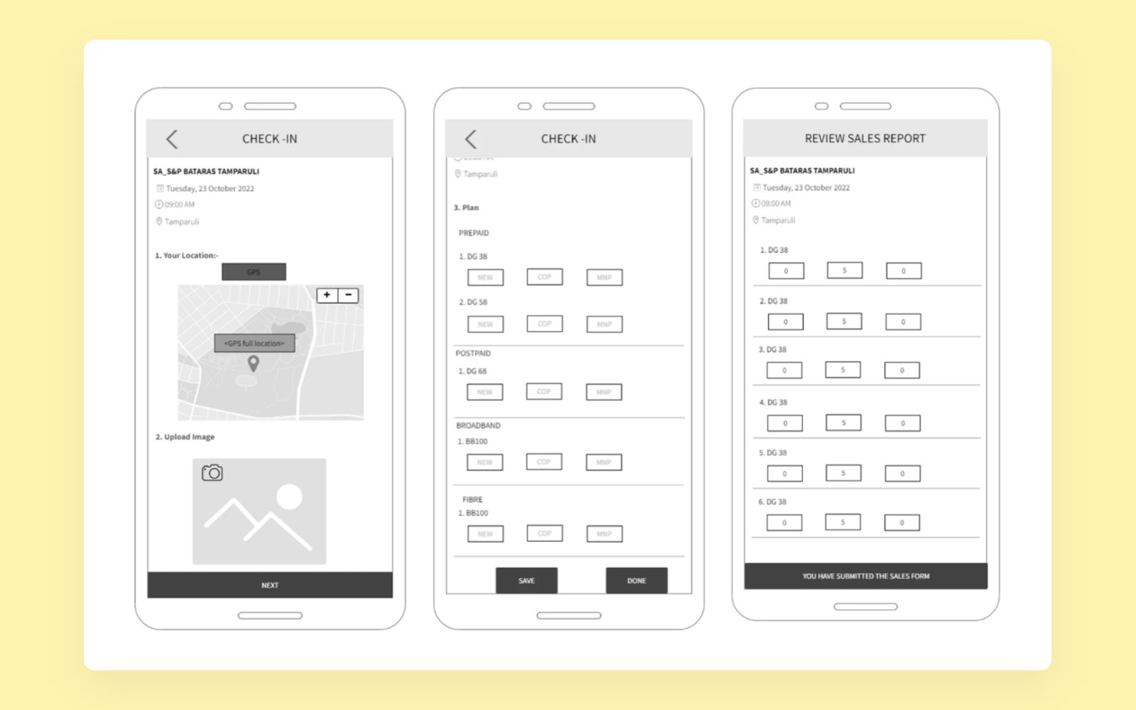 Wireframes for agents: check in at the location, a photo of the booth, record sales, submit