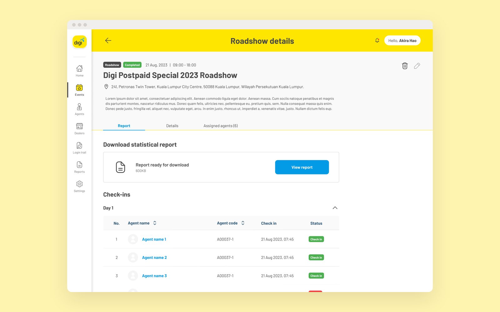 After a roadshow, managers get the report and every agent's check-in status