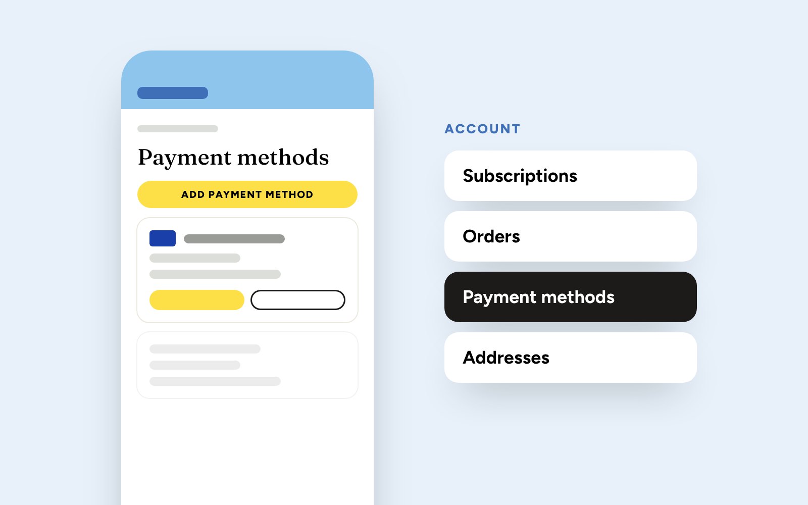 Account: subscriptions, orders, payment and addresses in one place