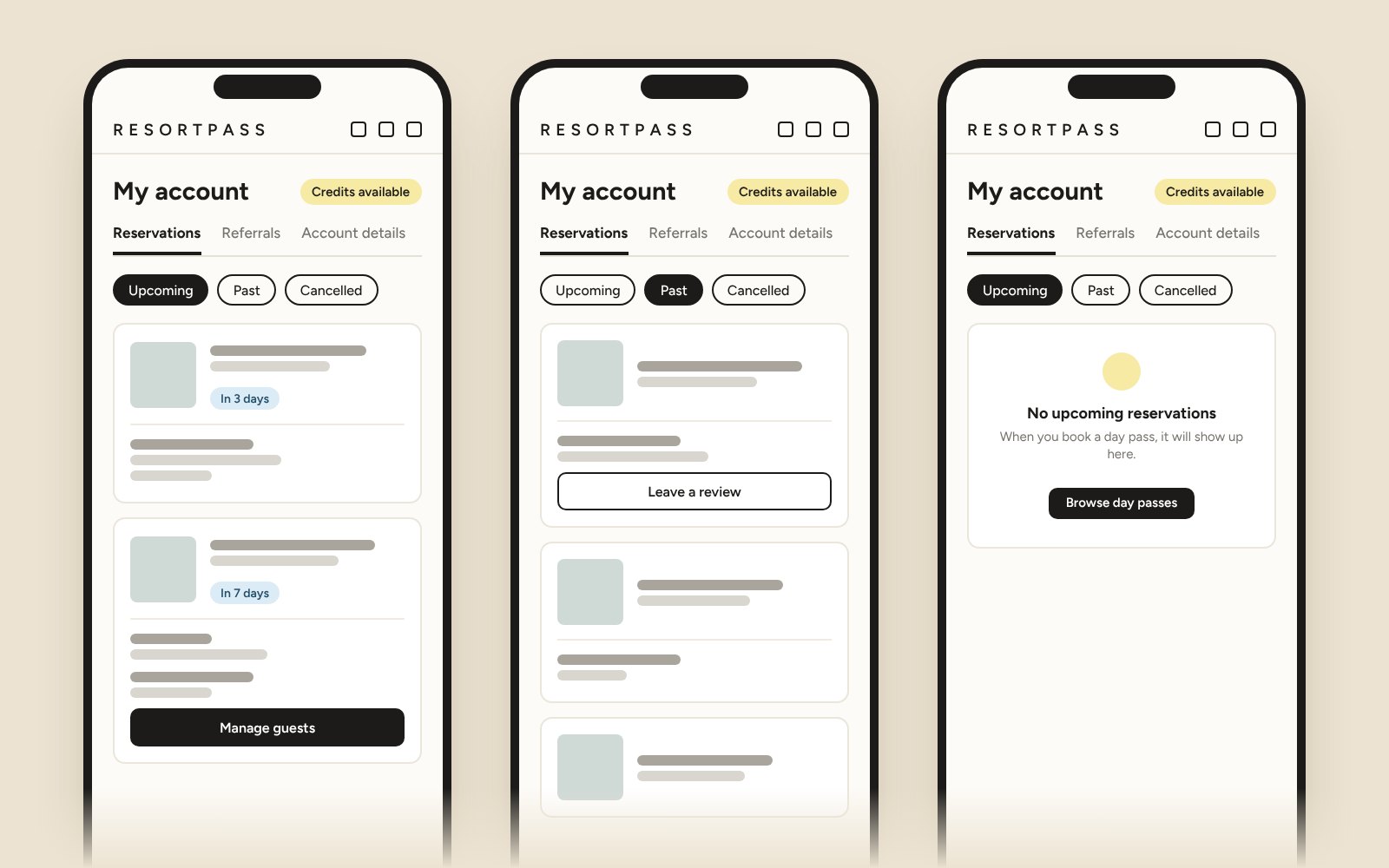 The account area: upcoming, past and empty reservations