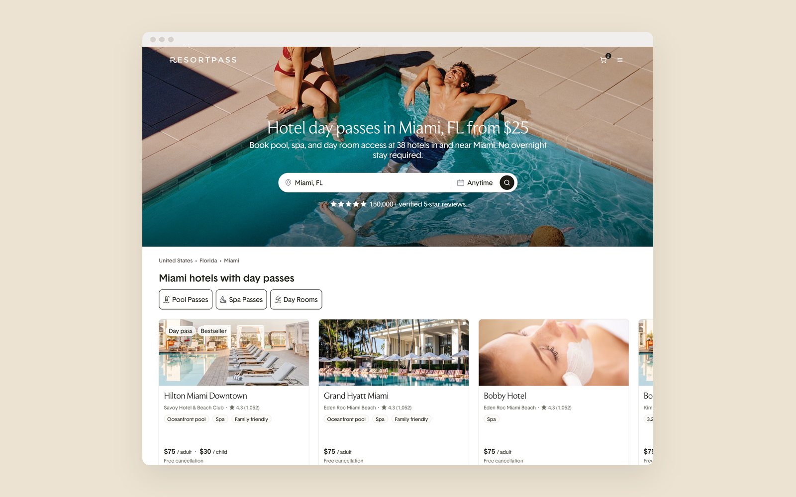 A public city page for SEO: Miami hotel day passes, on the new design system