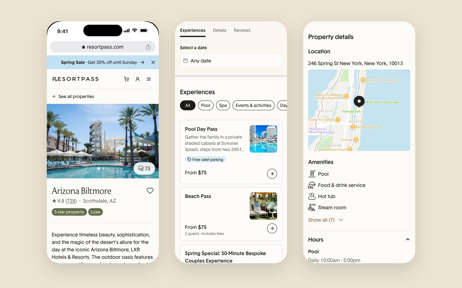 A property page on mobile: experiences, details and the map