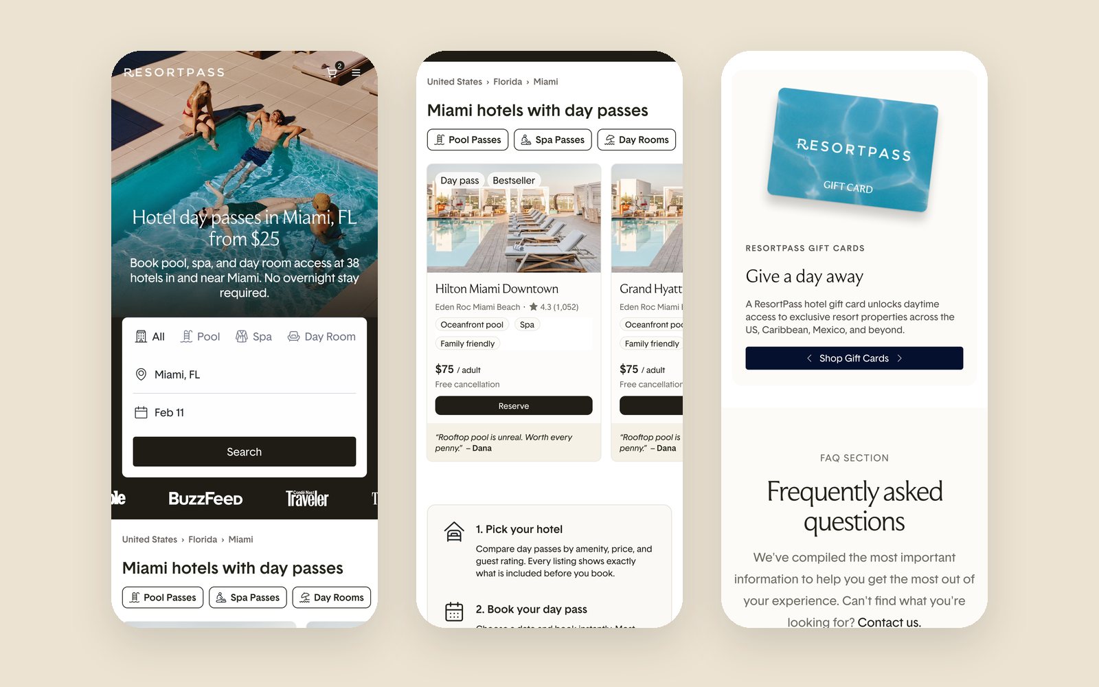 The city page on mobile: search, hotel cards and gift cards