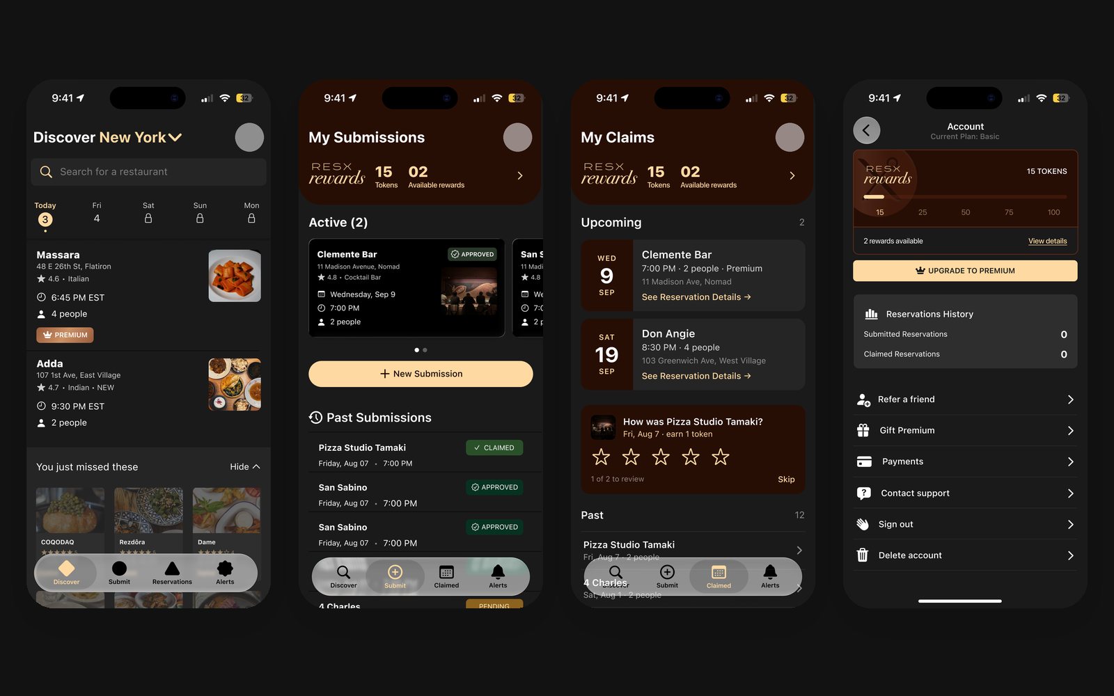 The app: Discover, My Submissions, My Claims and Account