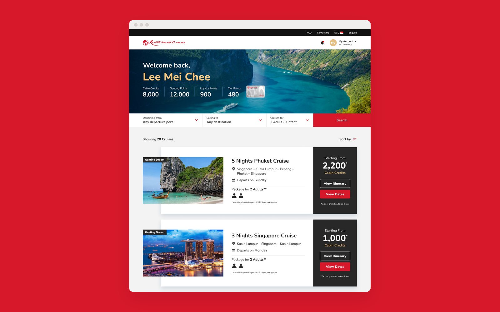 Dashboard with points and cruises