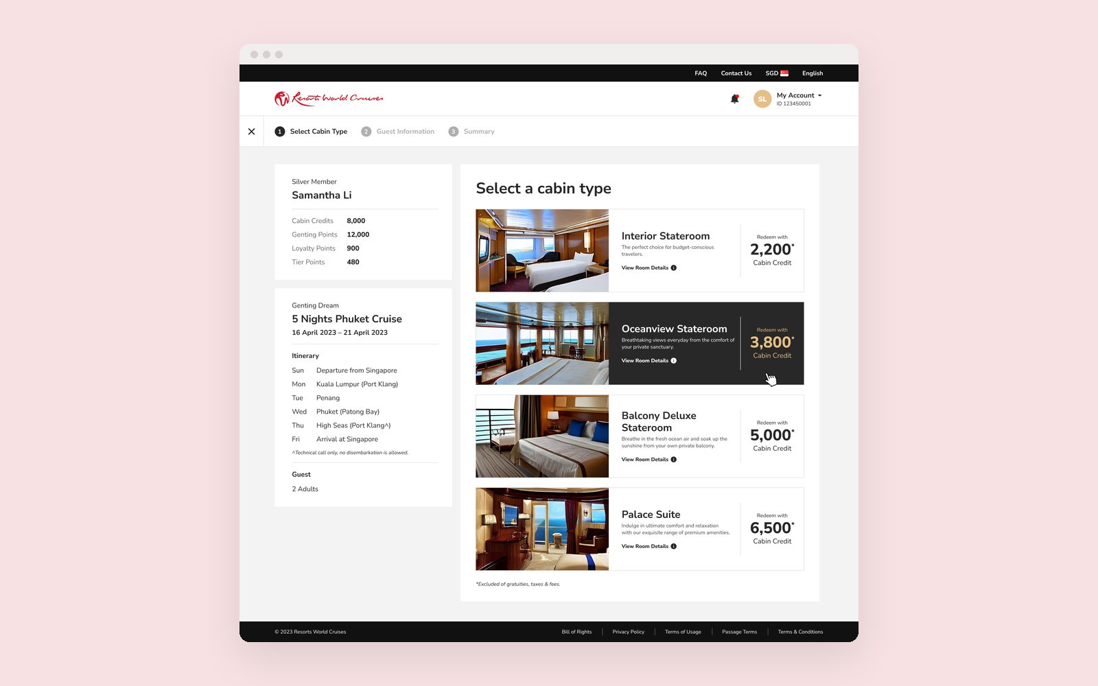 Choosing a cabin with cruise credits